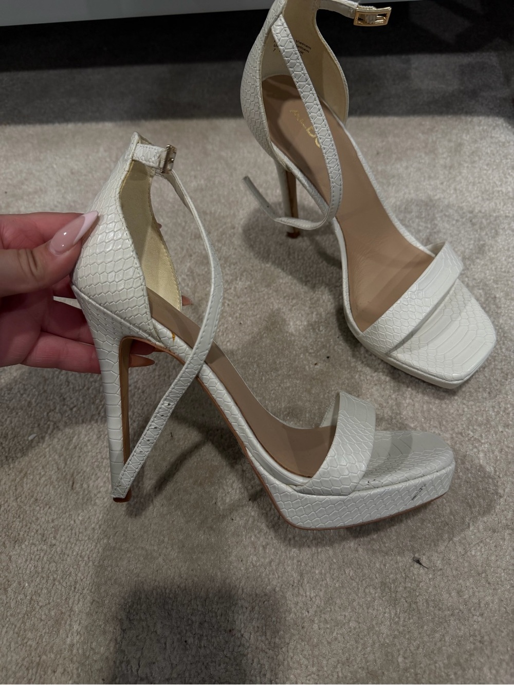 Aldo White Textured Platform Ankle-Strap Heels